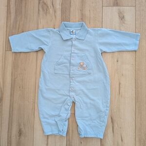 Vintage Light Blue Baby Romper with Embroidered Bear Patch